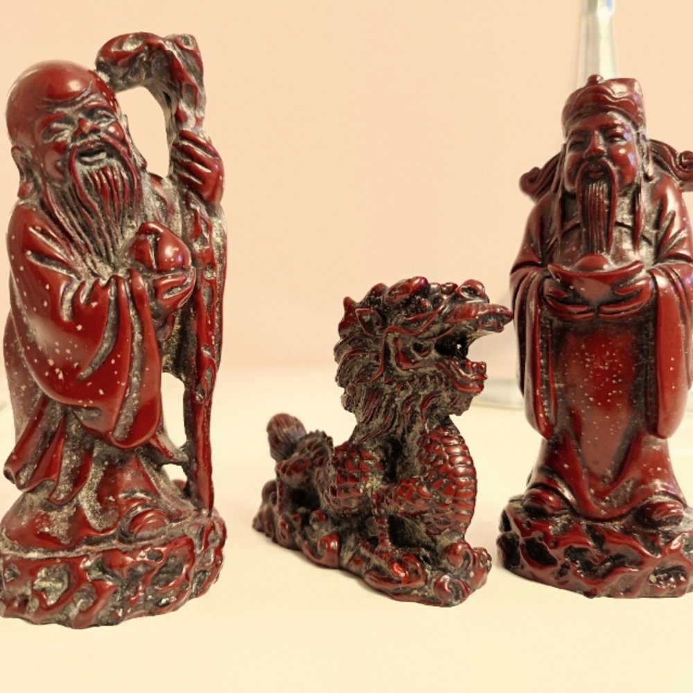 VTG Carved Mahog. Heavy Resin Chinese Dragon and Two Wise Men Art Statue Set, 4"